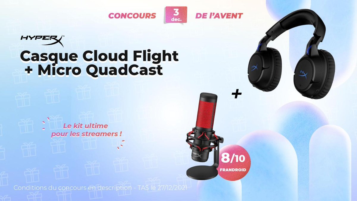 Frandroid's tweet photo. CONCOURS JOUR 3 🥳

Gagnez un casque Cloud Flight &amp; un micro QuadCast de HyperX 🔥

Pour participer :
1️⃣ Tweet #FrandroidOffreMoi le pack HyperX 
2️⃣ RT + Like
3️⃣ Follow @Frandroid + @HyperXFrance
 
TAS 27/12 🎉 https://t.co/47Lp5UXqFd
