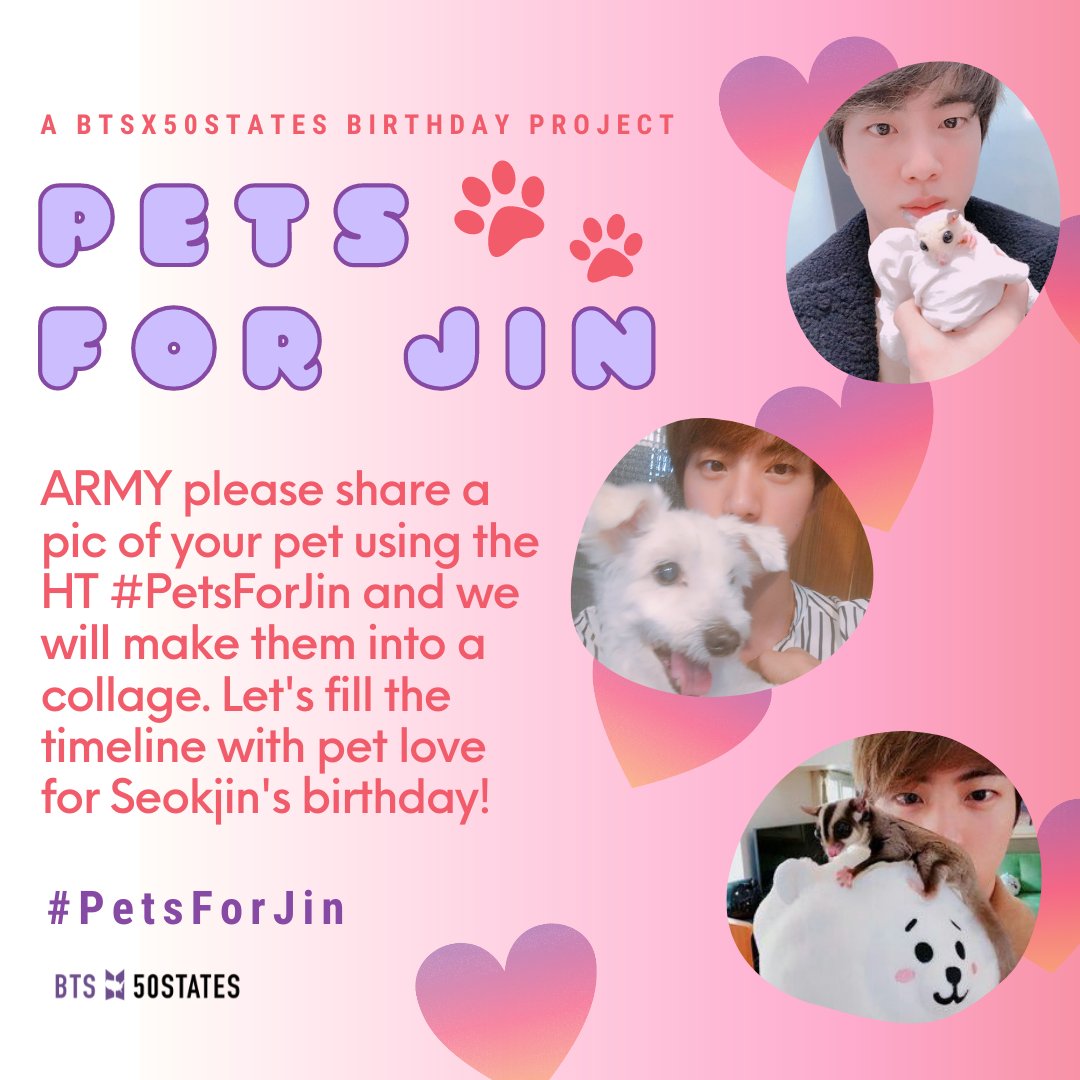 BTSx50States's tweet photo. Happy Birthday Kim Seokjin!!! 

Today we launch #PetsForJin. Let's flood the timeline with photos of your adorable animal babies of all sizes. Tag your posts &amp; we'll create a collage💜

@BTS_twt #BTS #방탄소년단 #HappyJinDay #HappyBirthdayJin #김석진 #김석진생일축하해 #BTSARMY https://t.co/FWo5o8fsoV