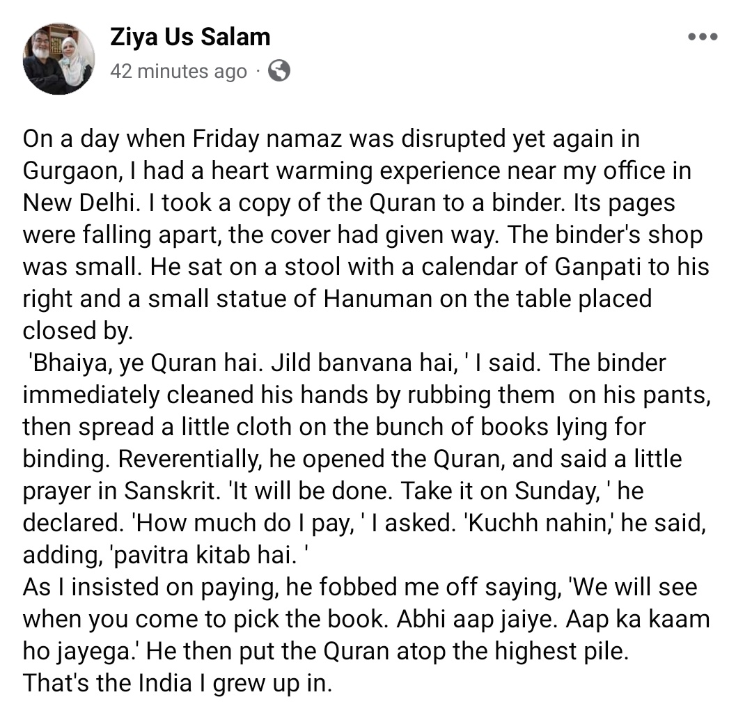 HemaniBhandari's tweet photo. While Friday #namaz is being disrupted in Gurgaon, @ziyaussalam sir's heartwarming experience at a copy binder in Central Delhi.
As Ziya sir took his Quran for binding, the shopkeeper cleaned his hands, said a little prayer in Sanskrit&amp;kept on a cloth ❤️ https://t.co/XNknEnDeD8