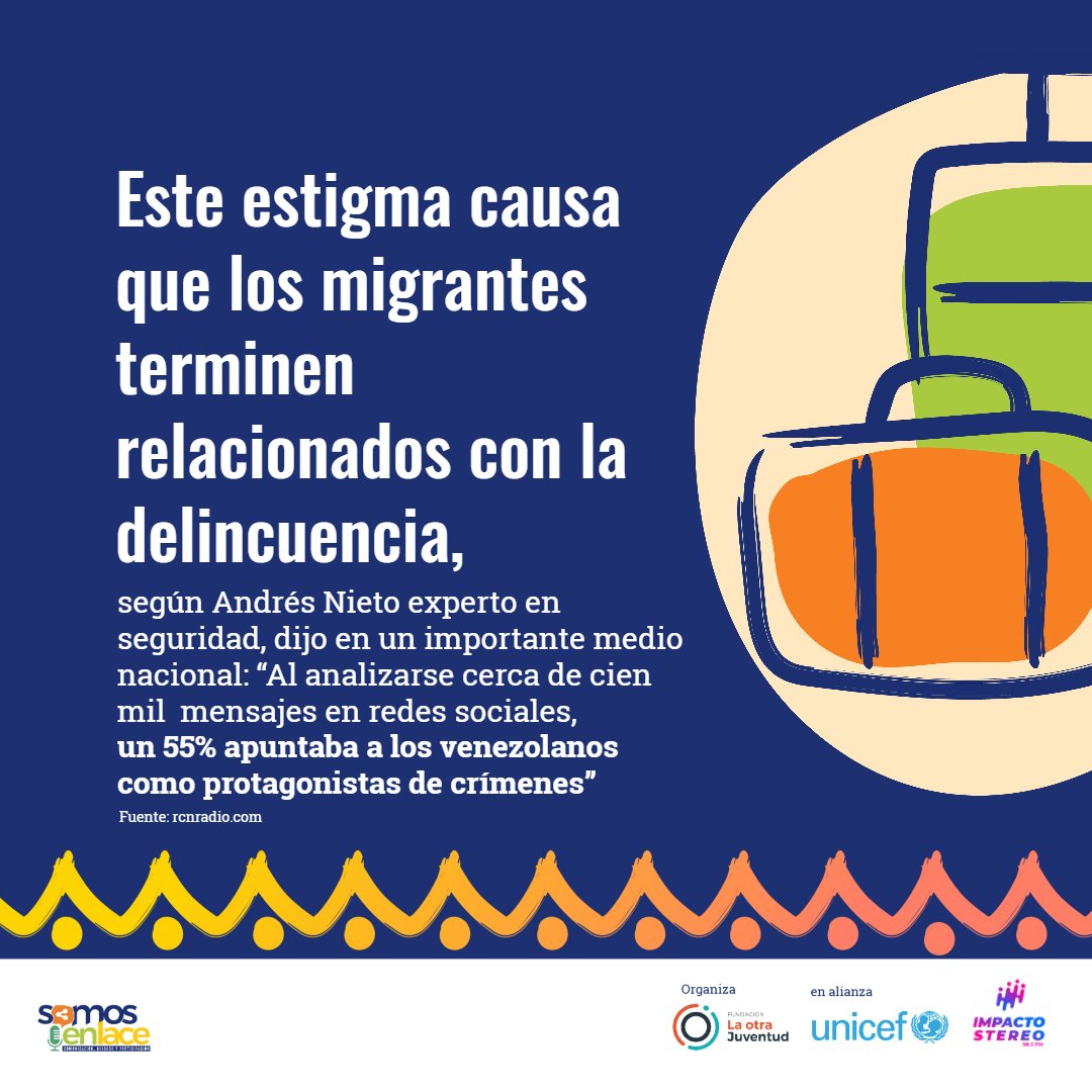 JuventudEliter's tweet photo. ¿Cuéntanos que piensas de esta información? ¿Culpas a las personas migrantes venezolanas de la delincuencia en tu municipio?
#SomosEnlace #Migración #CombatiendoLaApatridia #ReDeIdeas
#HistoriasTerritoriales #SomosEnlaceETPV @LaOtraJuventud @UNICEFColombia @impactostereo_ https://t.co/IDfSYjqrpe