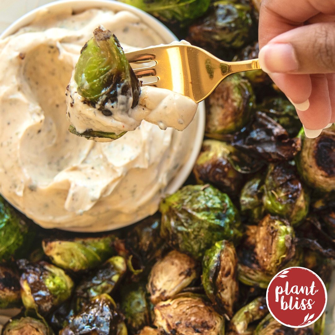 Brussels sprouts are quite delicious on their own. Especially when they're roasted with garlic, lemon juice and olive oil. But they're even better when accompanied with a creamy dipping sauce like our Creamy Blue Cheese or Zesty Ranch! #PlantBlissFoods #PlantBasedPerfection