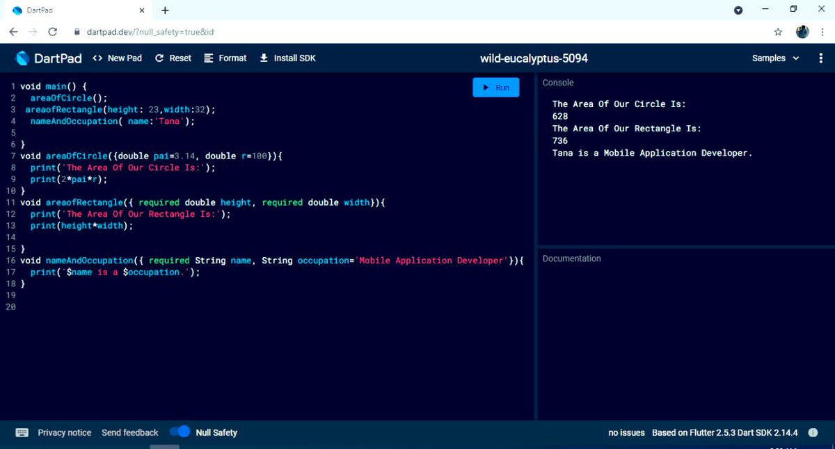 Tana2021's tweet photo. #Flutter Assignment:
Calculating the Area of a circle and a rectangle by using #Dart_function!
@a_daneshyar
@CodeToInspire
#AfghanGirlsCode https://t.co/OMF60GNUWJ