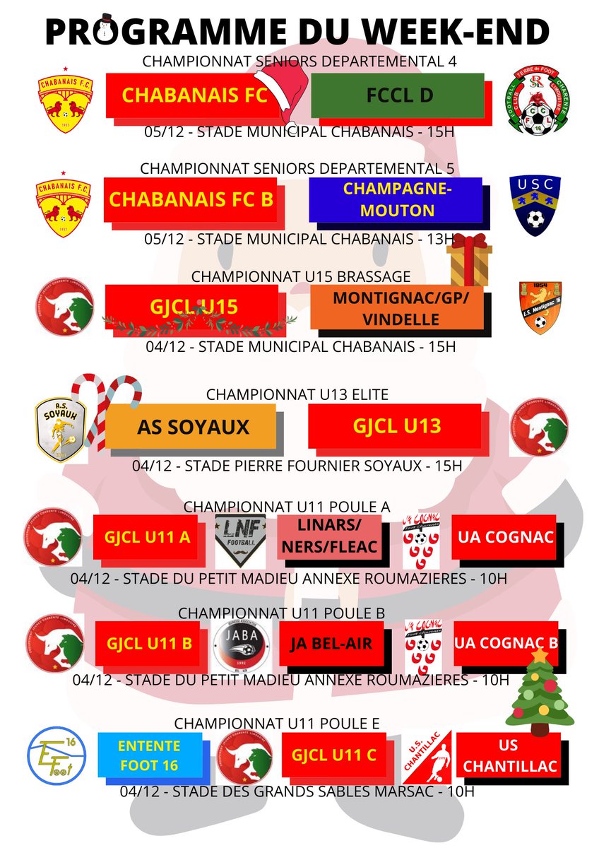 ChabanaisFC's tweet photo. Programme du week-end ⚽️

Quasiment tous les matches à domicile, dont 3 à Chabanais. Week-end exceptionnel puisque le club reversera l’intégralité des recettes de ces 3 matches au Téléthon. 🤝

Bon match à tous #CFC #GJCL ❤️💛 https://t.co/Lpl34aqJ8T