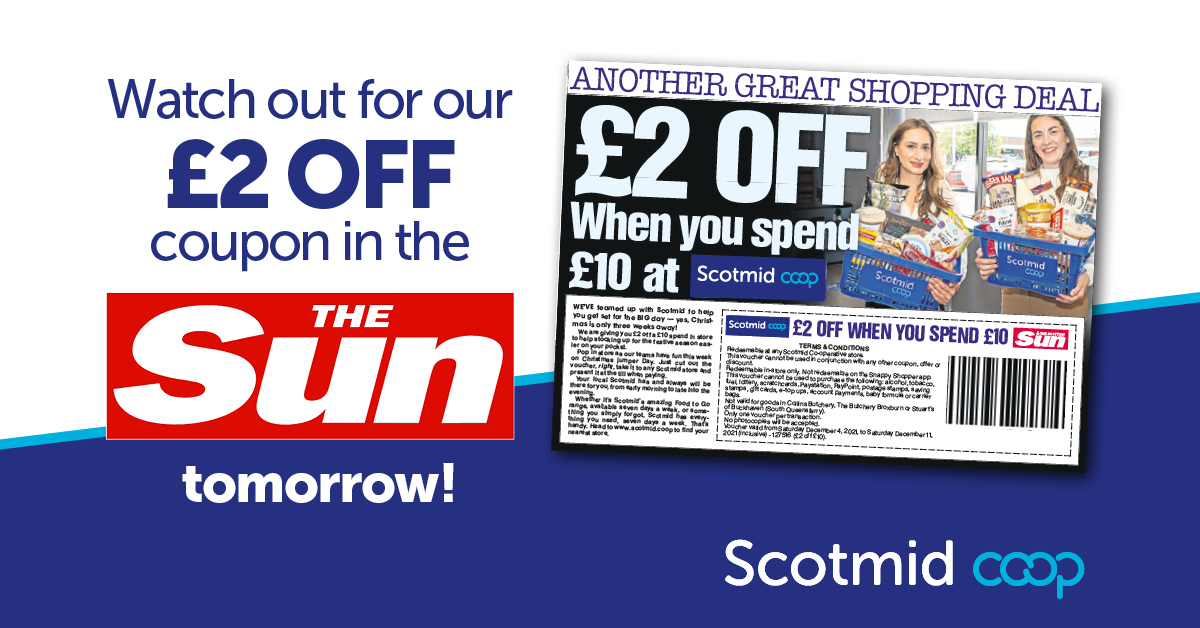 Scotmid's tweet image. Watch out for our money off coupon in The Sun tomorrow. Pick up a copy 😉 #ThatsHandy
