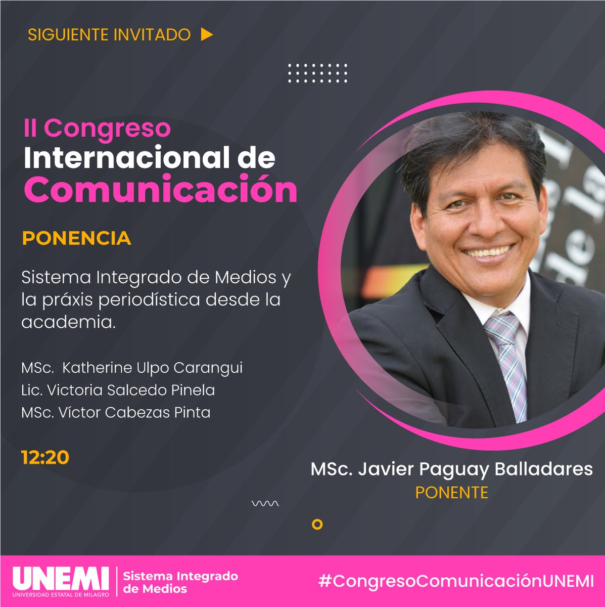 UnemiSim's tweet photo. Pocos minutos faltan para la intervención de nuestro director de carrera, MSc. Javier Paguay Balladares, con su ponencia Sistema Integrado de Medios y la práxis periodística desde la academia en el II Congreso Internacional de Comunicación.
#CongresoComunicaciónUNEMI #SomosUNEMI https://t.co/piOHzl6Lsy