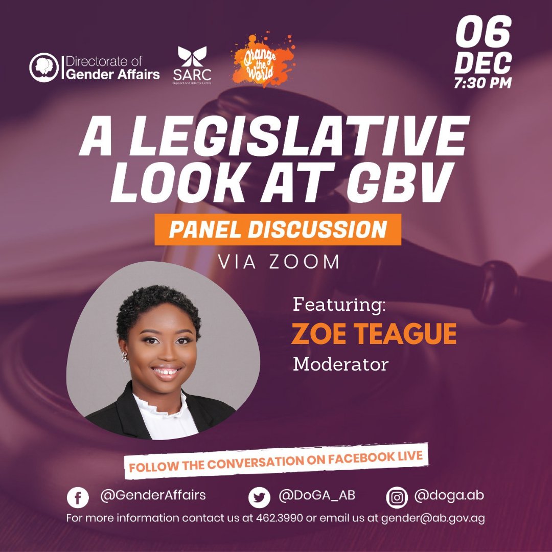 DoGA_AB's tweet photo. Winner of the  Emerging Female Leaders Public Speaking Competition, Zoe Teague, joins us to discuss how the law protects women and girls from gender-based violence. 

Catch us on Monday on Facebook Live . 

#16days #orangeab #orangetheworld https://t.co/8oNm4e6LWB