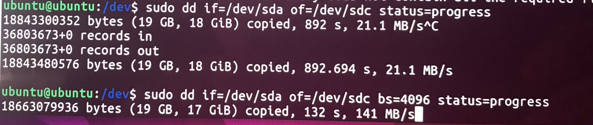 ButtonsCodes's tweet photo. And meow what a difference bs=4096 parameter makes! From 21.1 MB/s to 141 MB/s! #Linux #data #Improvement https://t.co/G21HiXEopg