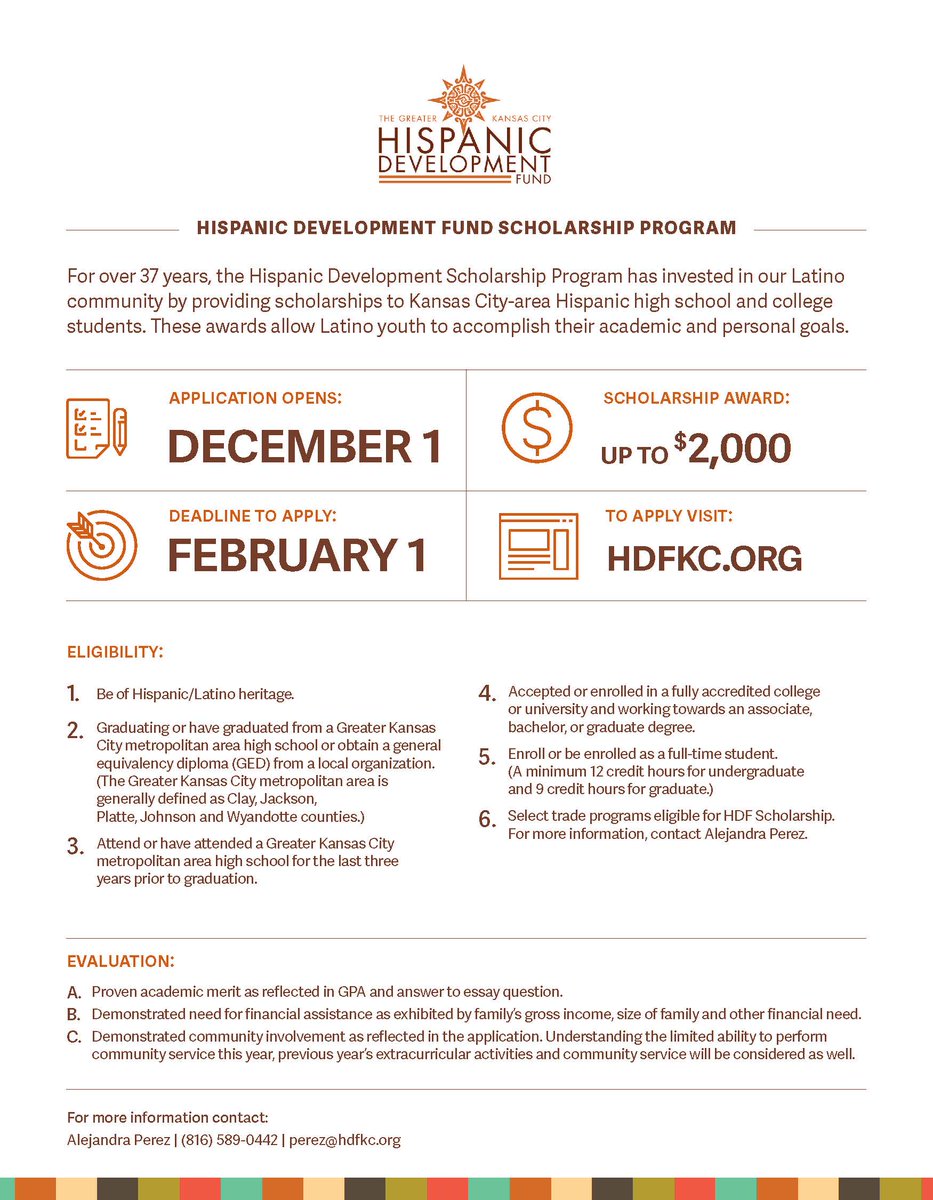 fhsuadmissions's tweet photo. Did you know that @forthaystate is a matching institution for the Greater Kansas City Hispanic Development Scholarship? FHSU will match scholarships up to $1,000! The app opens 12/1 & will close on 2/1.
Questions? Reach out to @haydeefhsu
#scholarships #hispanicdevelopmentfund https://t.co/uzKUBj5Jsl