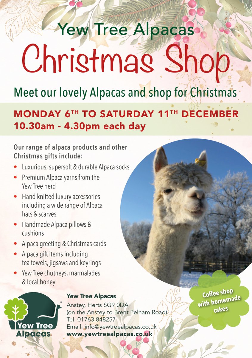 YewTreeAlpacas's tweet photo. Don't forget our Christmas shop will be open next week, Monday 6th-Saturday 11th Dec, 10.30am to 4.30pm each day. If you are looking for gift inspiration, look no further! https://t.co/ovHWGt9dME