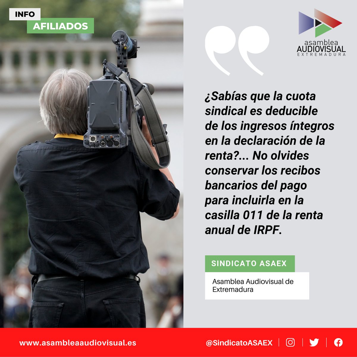 SindicatoASAEX's tweet photo. ¿Sabias que la cuota sindical es deducible de los ingresos íntegros en la declaración de la renta?
AFÍLIATE: https://t.co/ZdX0N07fSv
#ASAEX #AsambleaAudiovisualDeExtremadura #SectorAudiovisualExtremadura #SectorAudiovisual #Afiliados #Deducciones #CuotaSindical #Afíliate https://t.co/BFW9xD6OZM