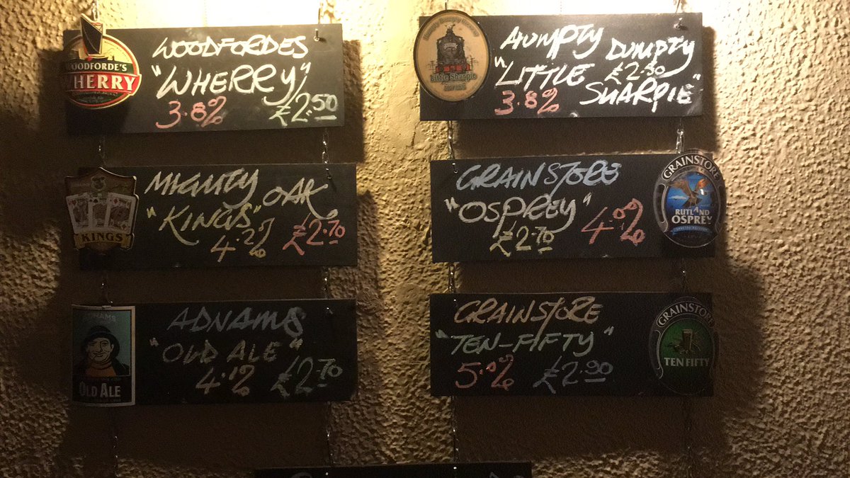 Good night ‘ere, look at this lot <a href="/WoodfordesBeer/">Woodforde's Brewery</a> Wherry,<a href="/thegrainy/">Grainstore Brewery</a> Osprey &amp; Rutland Beast &amp; Ten-Fifty <a href="/Adnams/">Adnams Southwold</a> Old Ale, <a href="/MightyOakBrew/">Mighty Oak Brewing</a> Kings &amp; Oscar Wilde <a href="/hdbrewery/">Humpty Dumpty</a> Little Sharpie + loads of ciders. What more could you want?