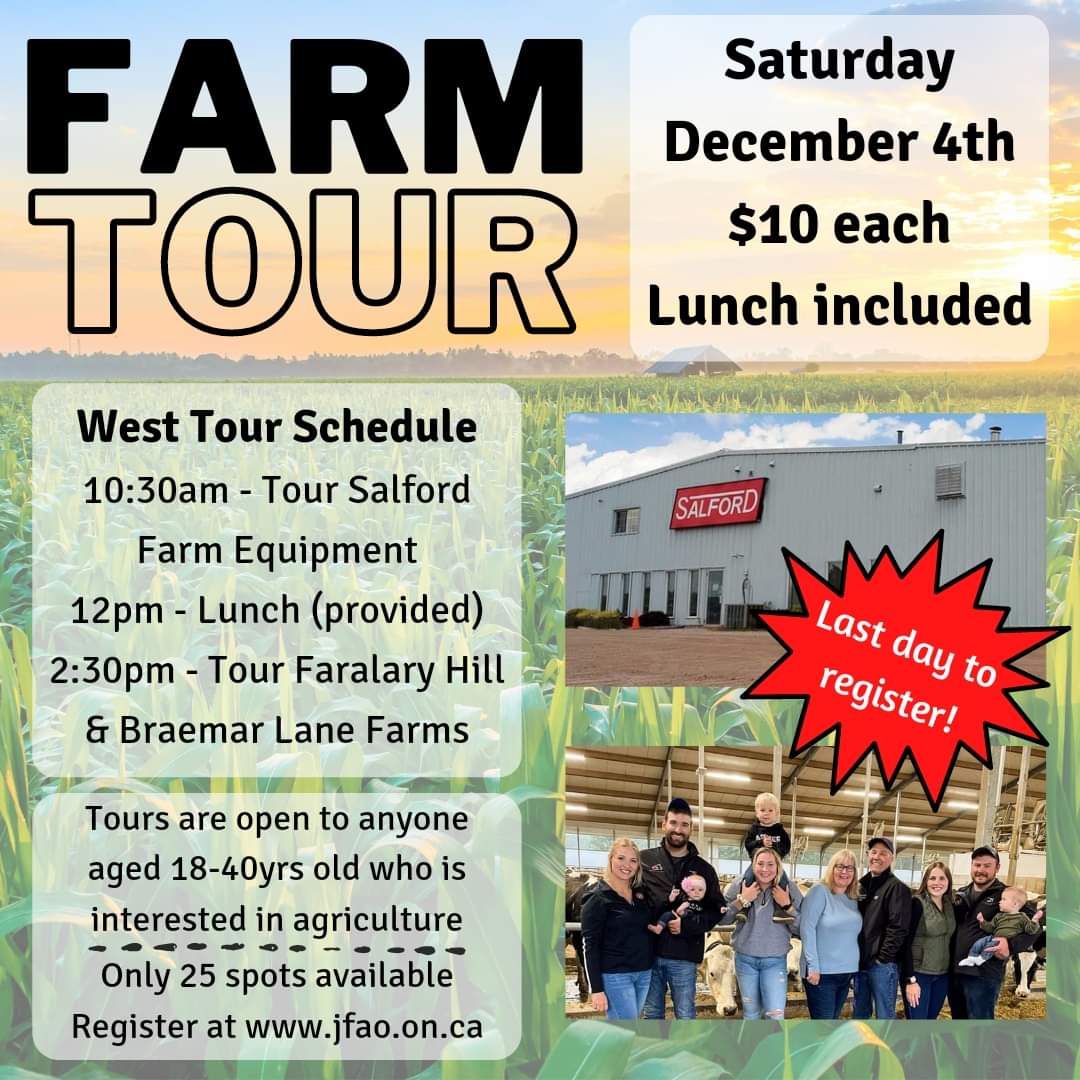 Today is your last day to register for our western farm tour!
The tour is open to everyone aged 18-40yrs so make sure to sign up before the last few spots are taken!
jfao.on.ca/annual-provinc…

#farmtour #westernontario #lunchincluded #familybusiness