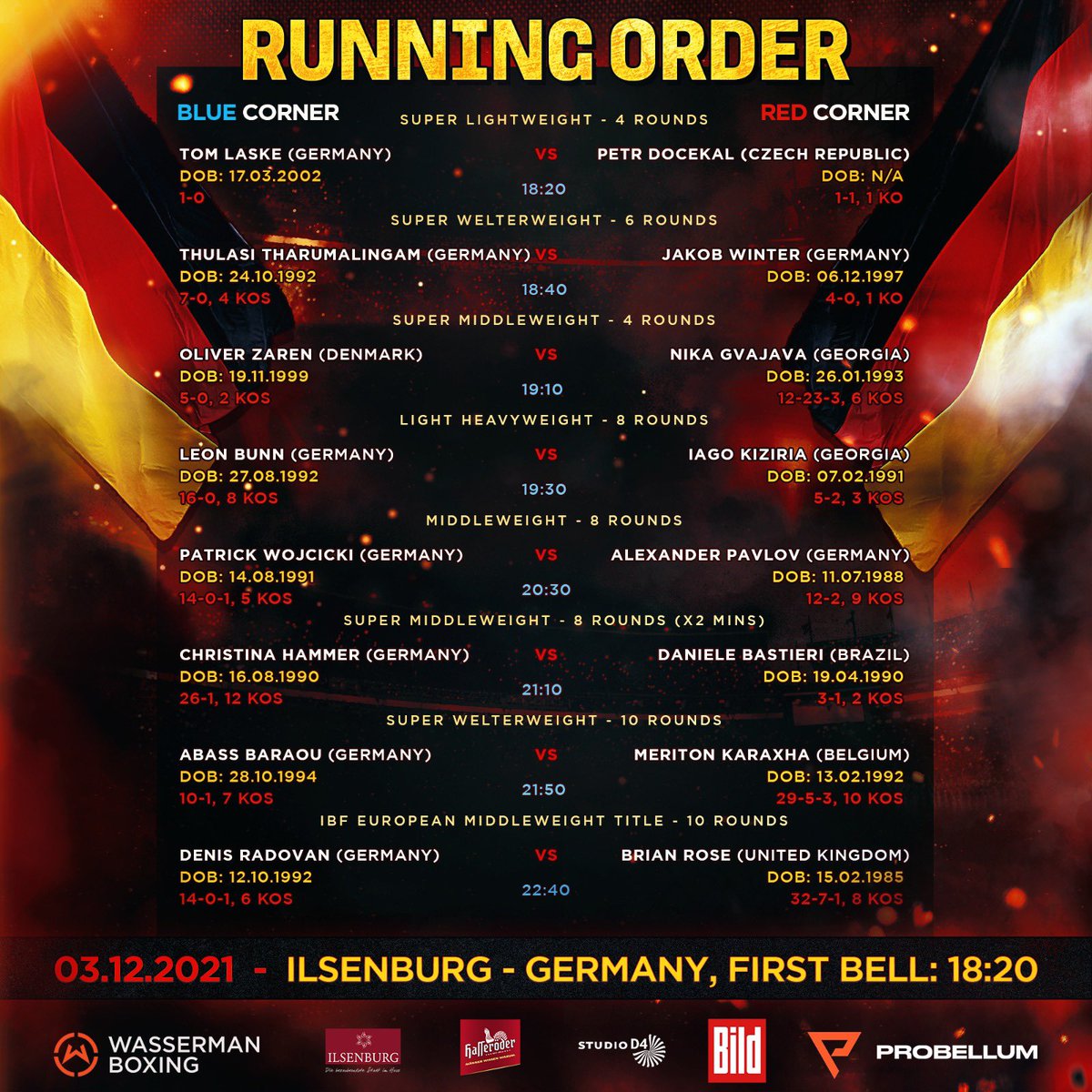 WassermanBoxing's tweet photo. Your running order for tonight in Germany for the IBF European Middleweight title fight๐ช
๐ค @probellum @BILD_Sport
#RadovanRose https://t.co/YbwhsXlDll