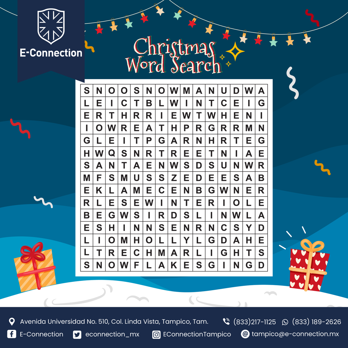 econnection_mx's tweet photo. Hablar otro idioma te encamina directamente al éxito, pues mejora tu destreza intelectual y te ayuda a expandir tu comunicación de manera global. 🗣🌏✨
Resuelve la sopa de letras y llega al éxito con E-Connection.🤗✨
#econnection #inglés #bilingüe #clasesonline https://t.co/qOkQ9ryqnA