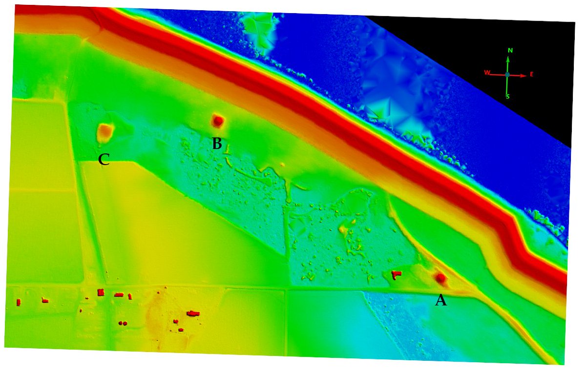 dmassey's tweet photo. The Edgefield Mounds located on the TN/MS border. c. 1200-1600. Mound A (~7.2m), B (~7m), C (~3.1m).   3DEP LiDAR from @OpenTopography #FridayLiDAR #MisssissippiMoundTrail (1/33) https://t.co/8VCcFwqfZm