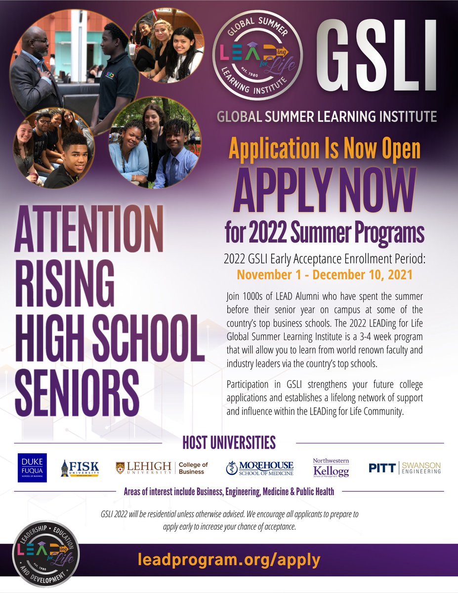 LEADingforlife's tweet image. #HappyFriday #LEADCommunity, there is still time for  high school juniors to apply for the 2022 GSLI. Applicants that apply &amp;amp; submit their application by December 10th will receive an early acceptance into the program. Applicants must apply at leadprogram.org/apply!