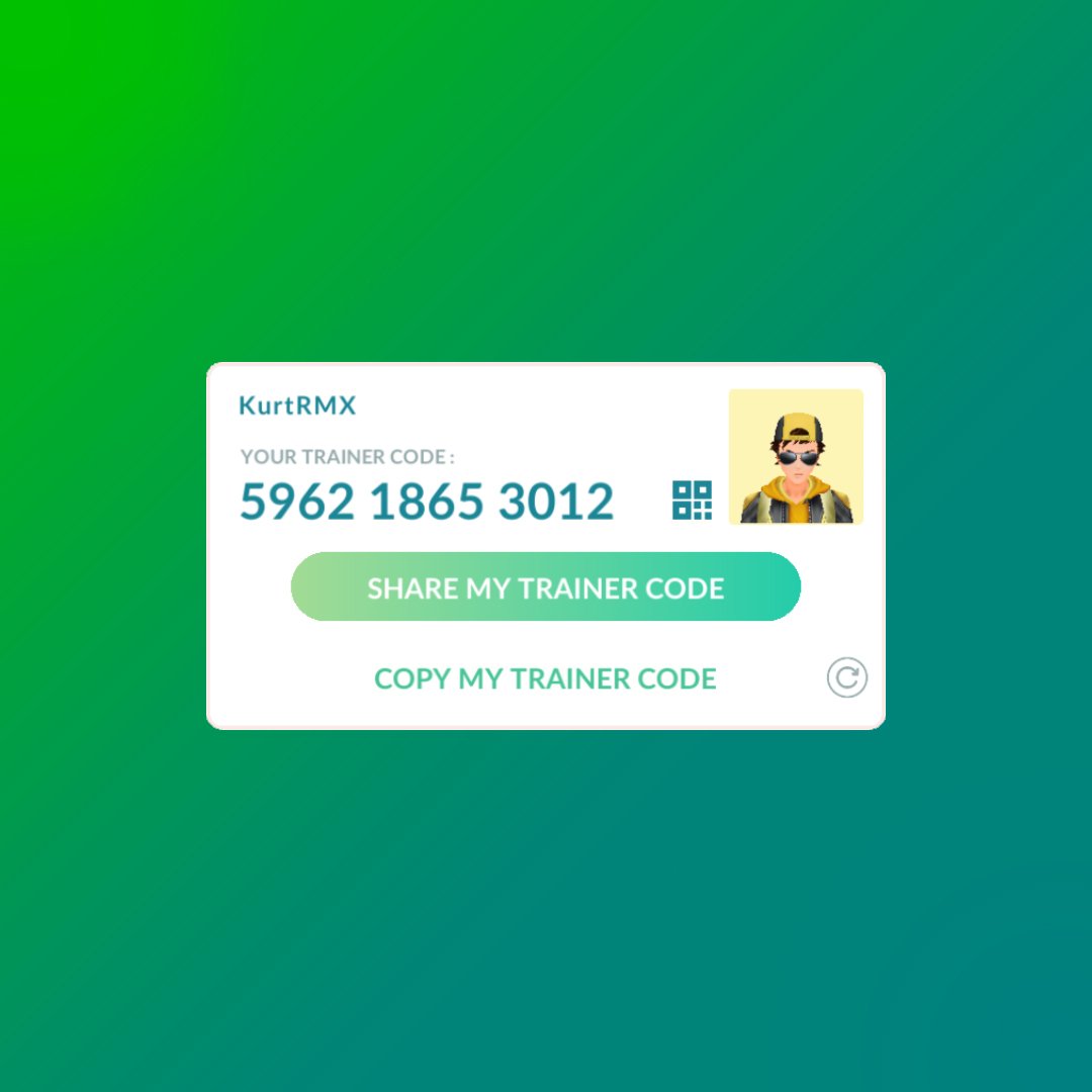 Kurt_RMX's tweet photo. If we aren't already friends in Pokémon Go, here is my trainer code: 5962 1865 3012

Feel free to add me. 😊

However, I only have a few slots left for friends. https://t.co/7DQK3LTpBg