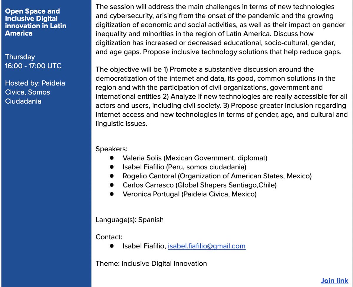 Este mes es la Cumbre Global de <a href="/opengovpart/">Open Gov Partnership</a>✊🏾Como activista y parte de <a href="/GlobalShaperSCL/">Global Shapers Hub Santiago</a> voy a estar participando en el panel "Open Space and Inclusive Digital innovation in Latin America". Pueden unirse directamente a este enlace: us02web.zoom.us/j/87380574352#… Jueves 16 a la 1:00 pm🇨🇱