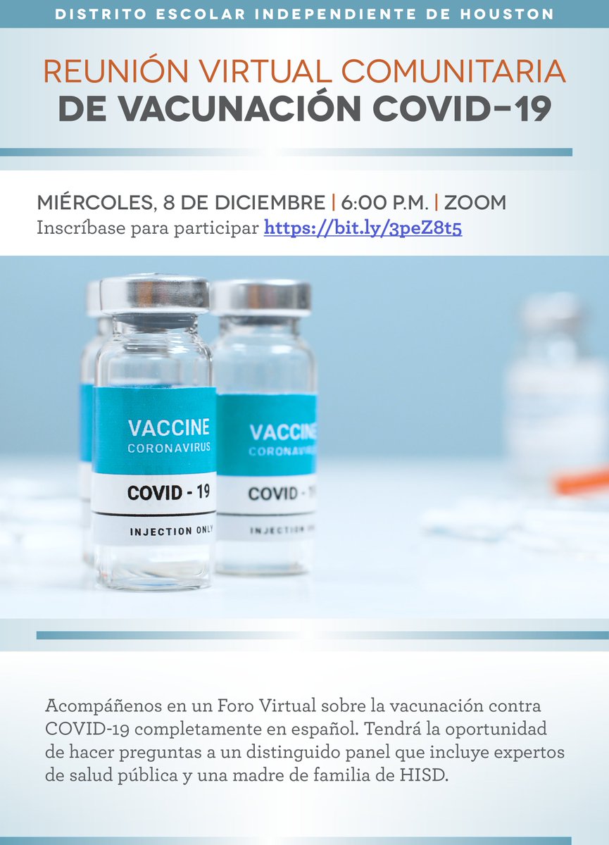 HISDFamilies's tweet image. 🗣️Por favor únase @HISDEspanol para un foro virtual comunitario sobre vacunación Covid-19.

Tendremos expertos en salud pública a los que usted podrá hacer preguntas relacionadas con la vacunación Covid-19.

Inscríbase: bit.ly/3peZ8t5

¡Miércoles, Diciembre 8 a las 6PM!