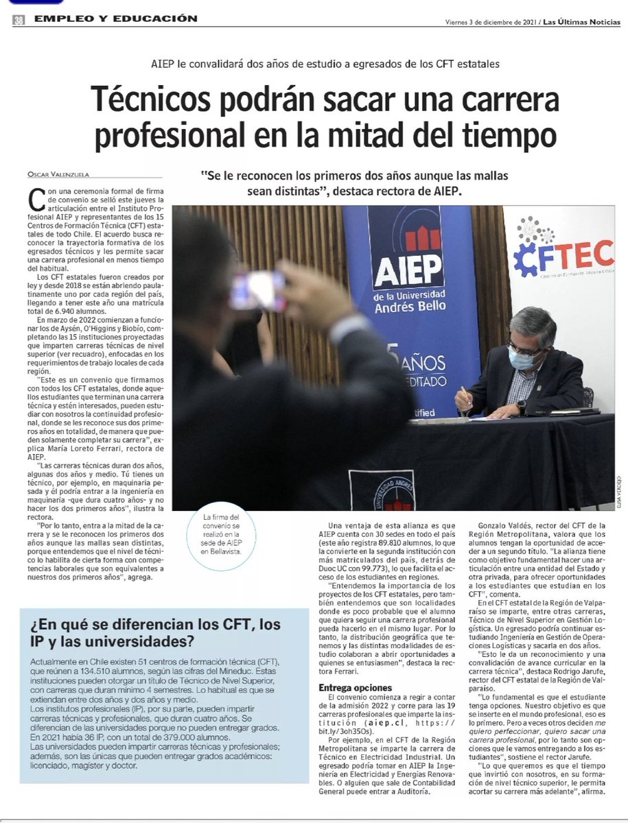 CFTesTarapaca's tweet photo. Hoy @lun 🗞destaca las implicancias del importante convenio firmado a través de @redcftech con @aiep_oficial Conoce sus alcances, ventajas y beneficios para nuestros alumnos en #ContinuidaddeEstudios en todo #Chile 👏👏👏👏
#CFTEstatalTarapacá
#CFTECH #TécnicosparaTarapacá https://t.co/ZvHTO7hp3F