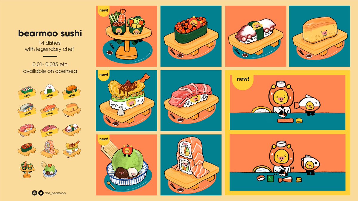 the_bearmoo's tweet photo. 'bearmoo sushi'
One of our favourite food is sushi. We selected our favourite sushi and combined it with ‘bearmoo’ character.

https://t.co/hFxzDHcrxW
🍙 0.015-0.025 ETH

#nftcollectors #NFTCommunity #NFTTHAILAND #nftsushi #NFTJapan https://t.co/9nb25LePkc