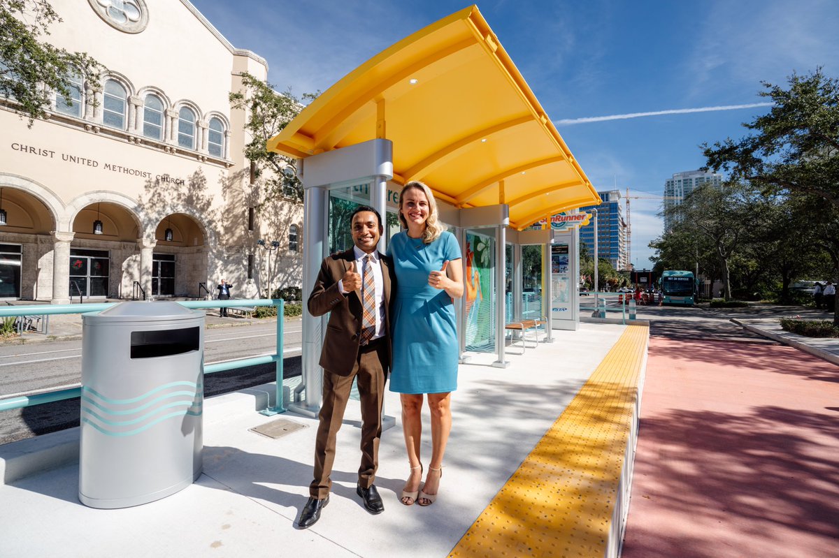 Stephanie_PSTA's tweet photo. The SunRunner is coming! Today we unveiled the first completed station and we couldn’t be more excited! Stay tuned! ☀️🚍😎@RidePSTA @BradMillerPSTA https://t.co/hA1Li4sepn