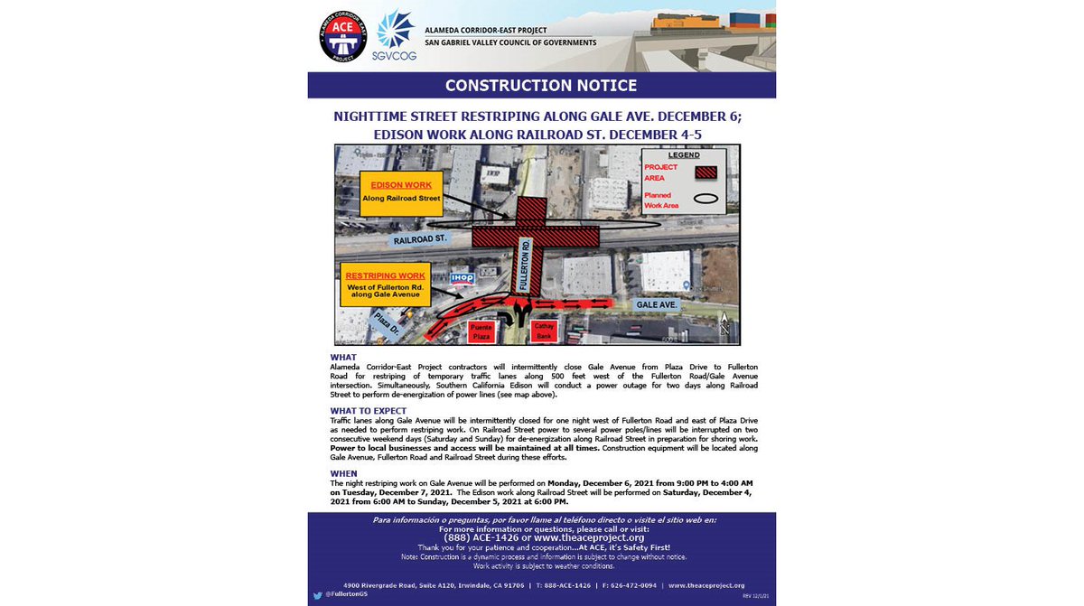 Retaining wall preparations continue at the Fullerton Road Grade Separation project with nighttime restriping along Gale Ave. December 6, and Edison work along Railroad St. December 4-5.