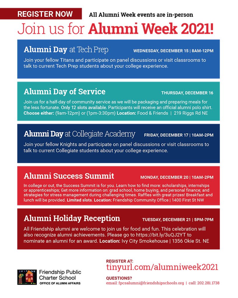 FriendshipPCS's tweet photo. We love to stay connected with our alumni!
#FPCSAlumni, have you registered for Alumni Week 2021? This year’s Alumni Week will take place December 15-17th and December 20th-21st.
We hope to see you there! https://t.co/C2wS3GZPAD