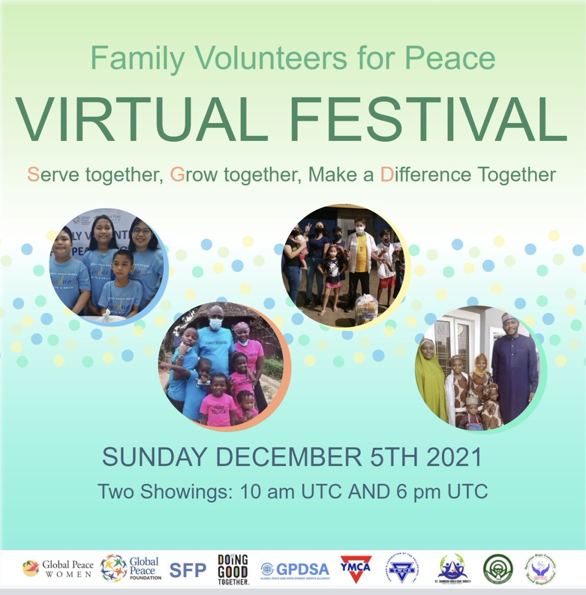Family Volunteers for Peace Festival, hosted by Global Peace Women is happening on December 5th! Register for free at: bit.ly/fvp2021reg

#GlobalPeace #GPW #women #family #service #stories #storytelling #volunteer #community #GlobalPeaceWomen #PeaceBeginsInTheHome