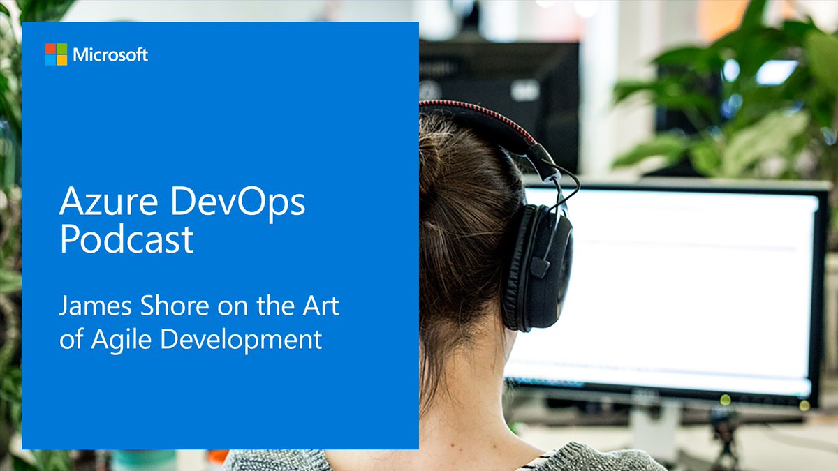 Image showing the Azure DevOps Podcast title slide on the left and a developer sitting in front of their computer while listening to a podcast through headphones on the right.