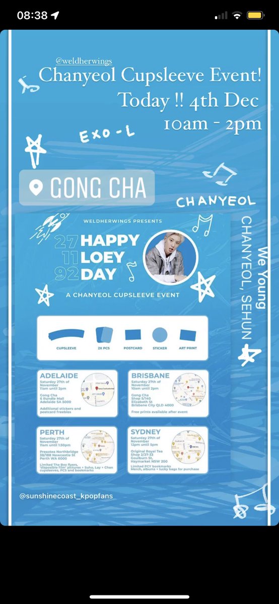 BrisKpopFans's tweet photo. Events upcoming!!
Today !! (4th Dec)
@weldherwings ‘s Chanyeol cupsleeve !
10am - 2pm at Gongcha Elizabeth Street Brisbane!
#exo #exol #brisbane #kpopbrisbane #kpop #exobrisbane #aussieexol #kpopcupsleeveevents #kpopcuplseeveeventbrisbane https://t.co/W9bO9piAuX