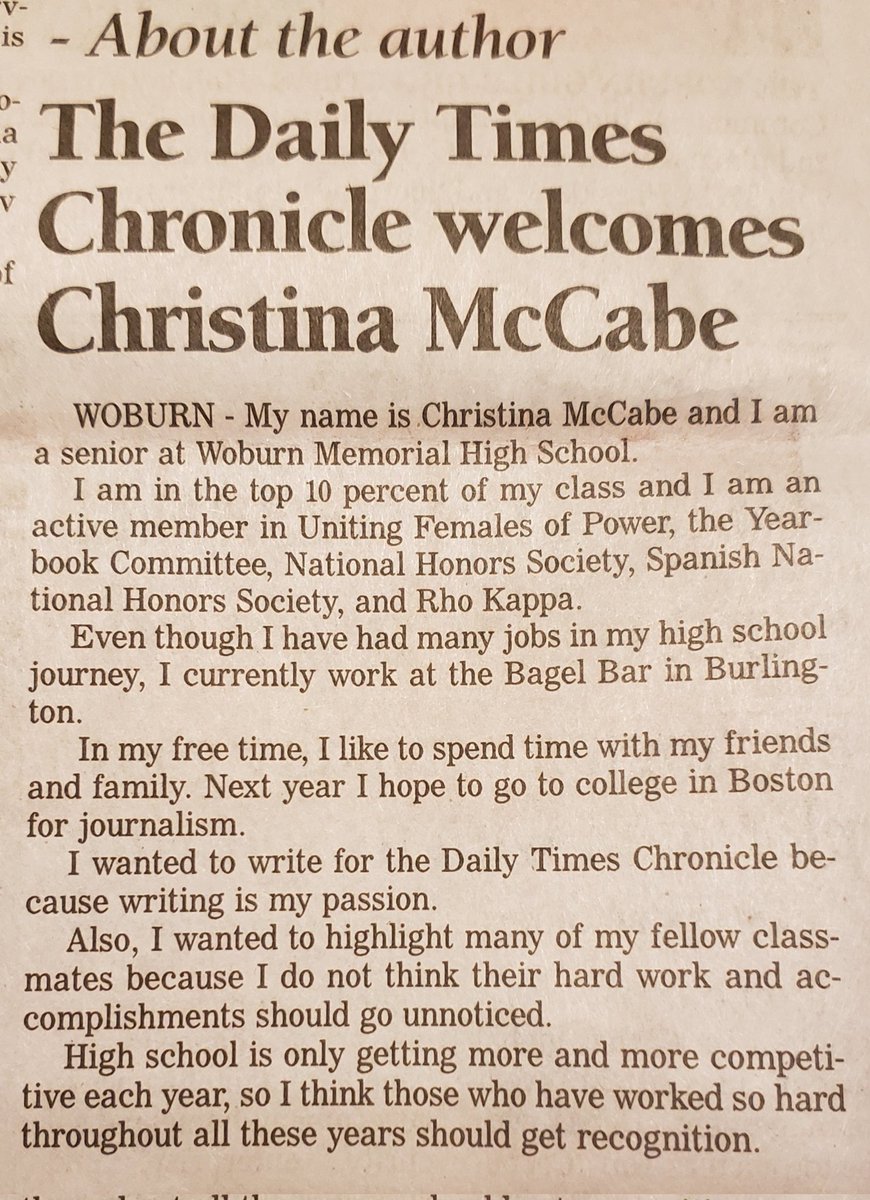 WoburnYearbook's tweet photo. Extremely proud  of our very own yearbook writer, Christina for getting her first "by line" as a writer for the Daily Times. Check out her senior profiles and Happenings at wmhs columns every week @wmhs_principal @MrsGillisELA @Teacherkristen @WoburnTeach @wmhs2022 @Woburnsupt https://t.co/T5teoLMOOr