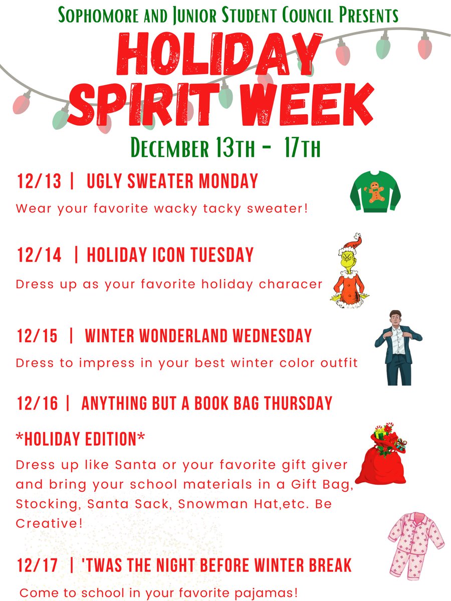 Titans go ahead and get your Amazon orders in, thrift store shopping done, and pull that holiday gear out the closet to prepare for our holiday spirit week presented by the sophomore and Junior class student councils! <a href="/SouthGarnerHS/">South Garner High School</a>