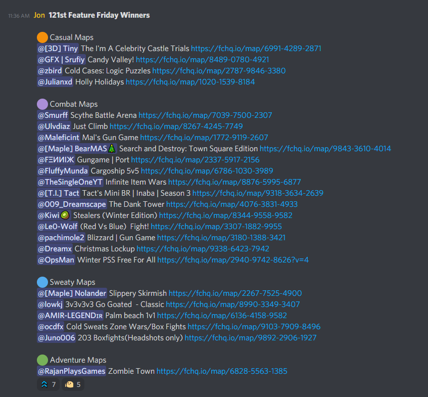 FNCreativeHQ's tweet image. Congrats to all of the Feature Friday #121 Winners!

Feature Friday is open until 11:30pm (pacific) tonight.

If you want feedback on your map and possible promotion on the homepage of FCHQ, head over to the FCHQ Discord and submit your map! 

🔗discord.gg/fchq