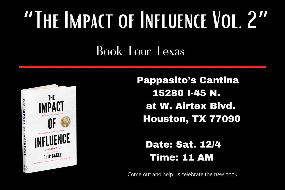 ChipBaker19's tweet photo. Excited to be in Houston for #TheImpactofInfluence2 Book Tour this Saturday! Come see us and get your signed copy! 

#booktour #impact #influence #tsc #gogetit https://t.co/6lbOMHBUJ2