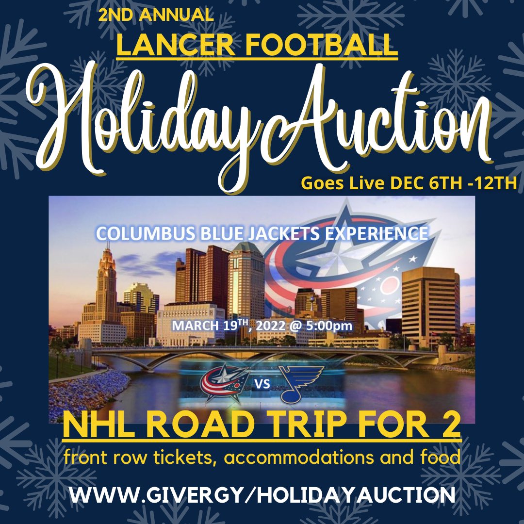 UWLancerFB's tweet photo. The 🔵Lancer Auction🟡 goes live December 6th!!! Included in this 🏒🥅package are: 

• 2 Front Row Glass Tickets With Access to Private Lounge

• 1 Night Stay at the Hilton. Walking Distance to Arena &amp; German Village

• $100 USD Gift Certificate to Buca di Beppo https://t.co/oPqMhlfoSM