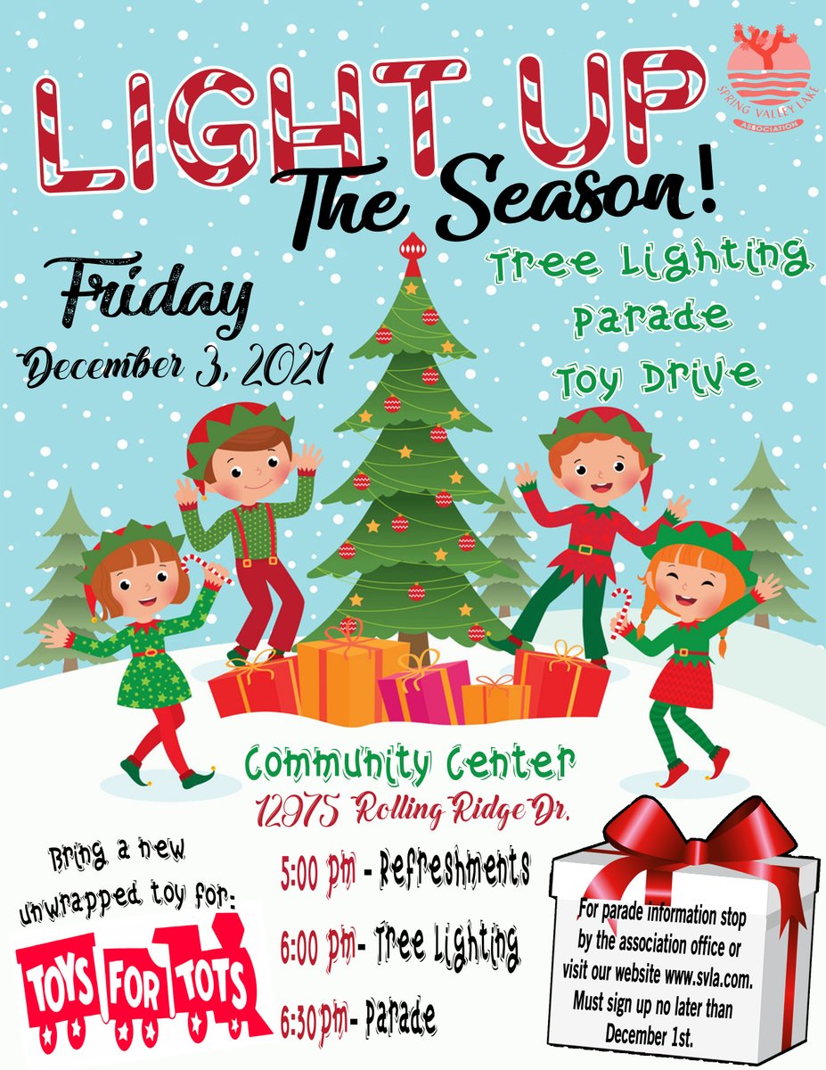 SVL_Association's tweet photo. The Christmas Tree Lighting is happening TONIGHT!!!๐
There will be coffee, hot chocolate, and cookies โ๏ธ๐ช
We will also have kettle corn from Enzos Kettle Corn & Lemonades ๐ฟ
Please bring a toy for Toys-for-Tots๐งธ
Don't miss it! #svla #springvalleylake https://t.co/FQSCA9IxLg
