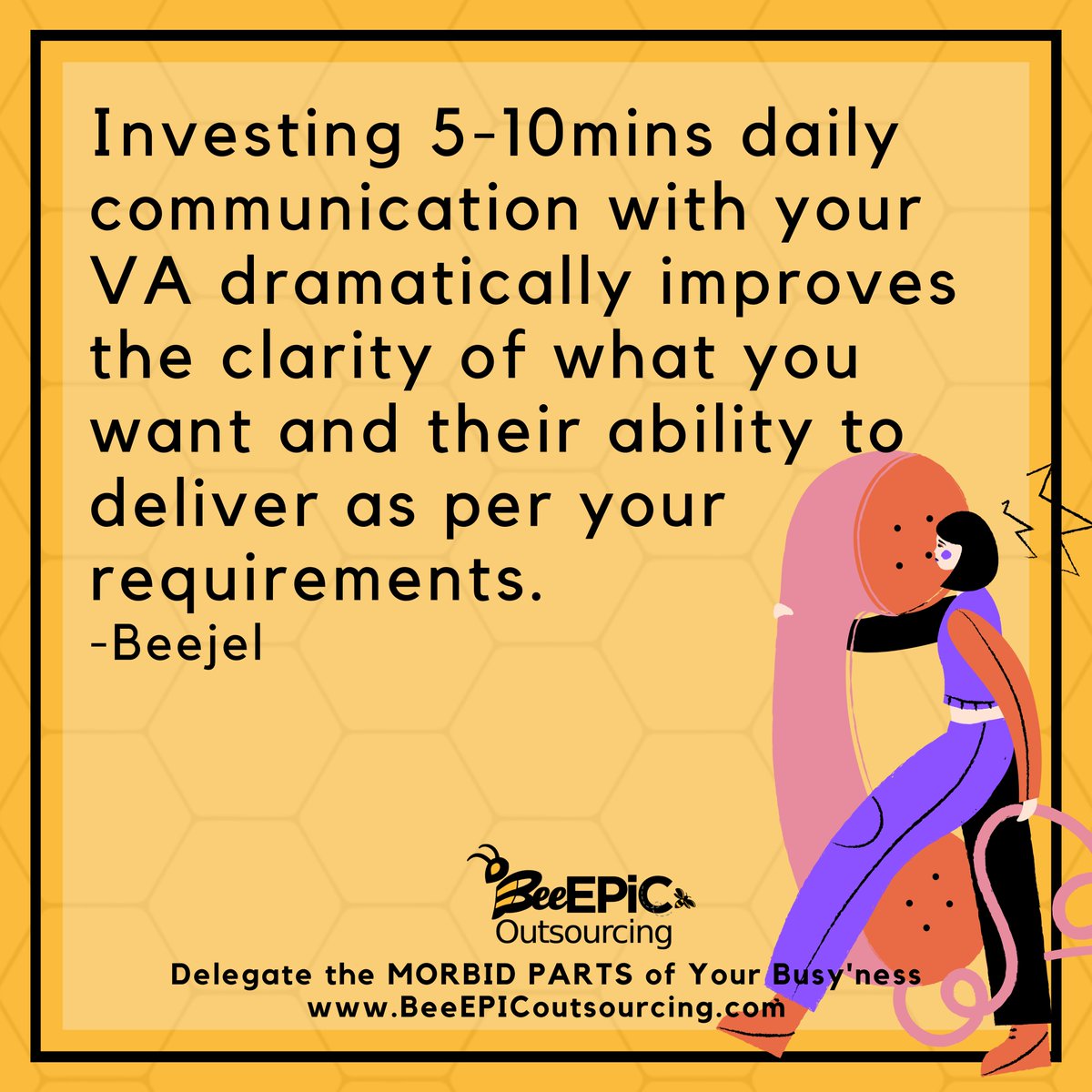 beejel108's tweet photo. Investing 5-10mins daily communication with your VA dramatically improves the clarity of what you want and their ability to deliver as per your requirements.
#productivity #outsourcing #BeeEpic #work #workfromhome #done #improvement #performance https://t.co/tZrsvW0OFt