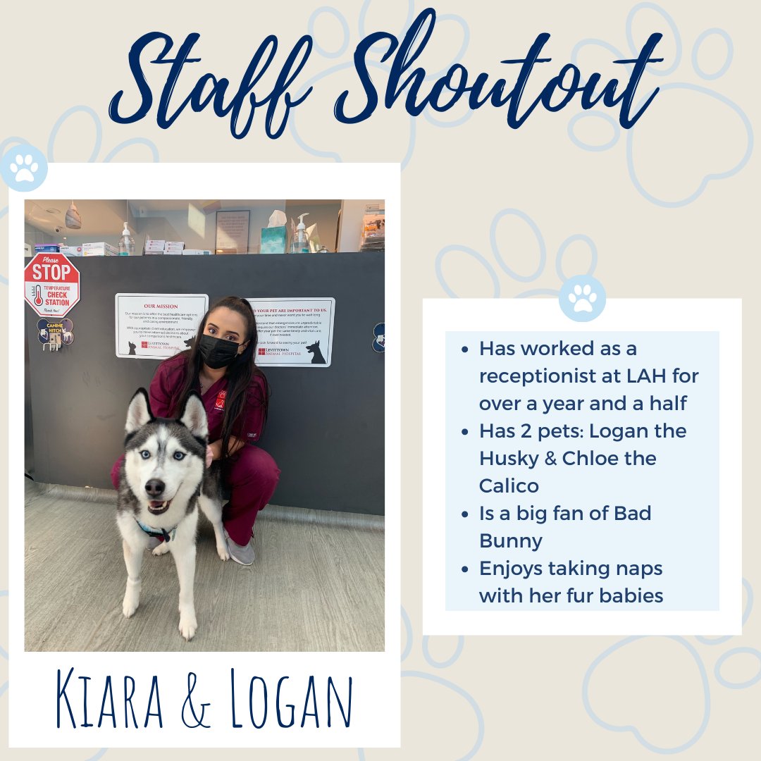 LevittownVet's tweet photo. This week’s staff shoutout goes to one of our receptionist, Kiara! We get plenty of calls here at LAH on top of the other tasks our receptionists are responsible for. It takes a strong team of hardworking individuals to keep us running smoothly. We appreciate all you do Kiara,... https://t.co/oL1ohv77oj