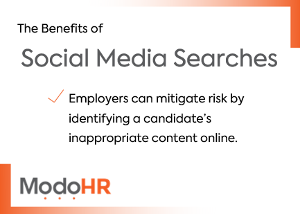 ModoHRtech's tweet image. Social Media searches are becoming more common during the hiring process. Over the next couple of weeks we’ll be sharing different benefits to incorporating them into your background check program #SocialMediaSearches #BackgroundScreening #HRTech