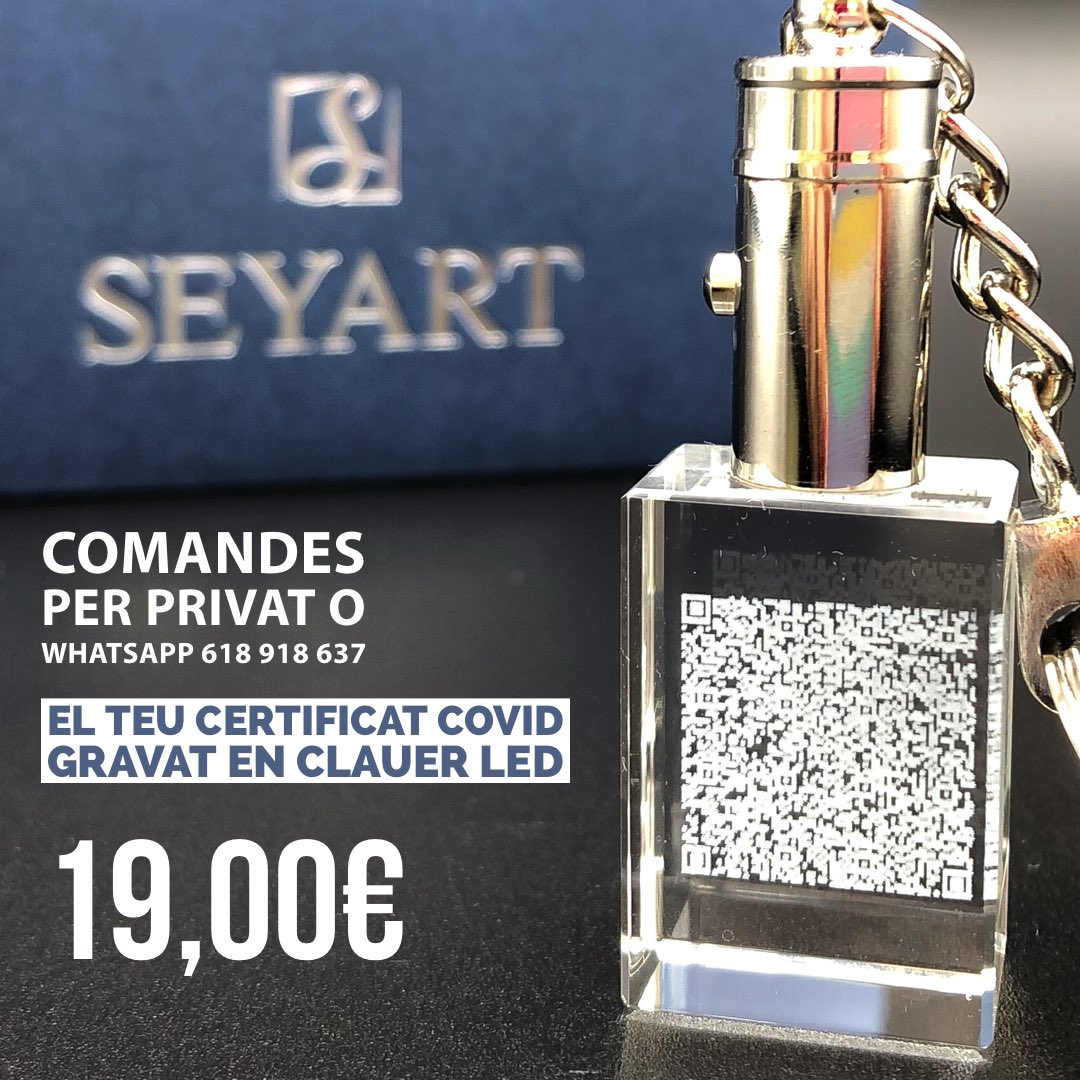 RamonRoyes's tweet photo. SEYART us presentem el nostre clauer de vidre òptic gravat amb làser a l’interior i amb llum led amb el vostre certificat COVID QR.
Fabricat a Cervera.
Comandes per DM i pel whatsapp 618 918 637.
#CertificatCOVID #clauer https://t.co/NdSJzGsB3R