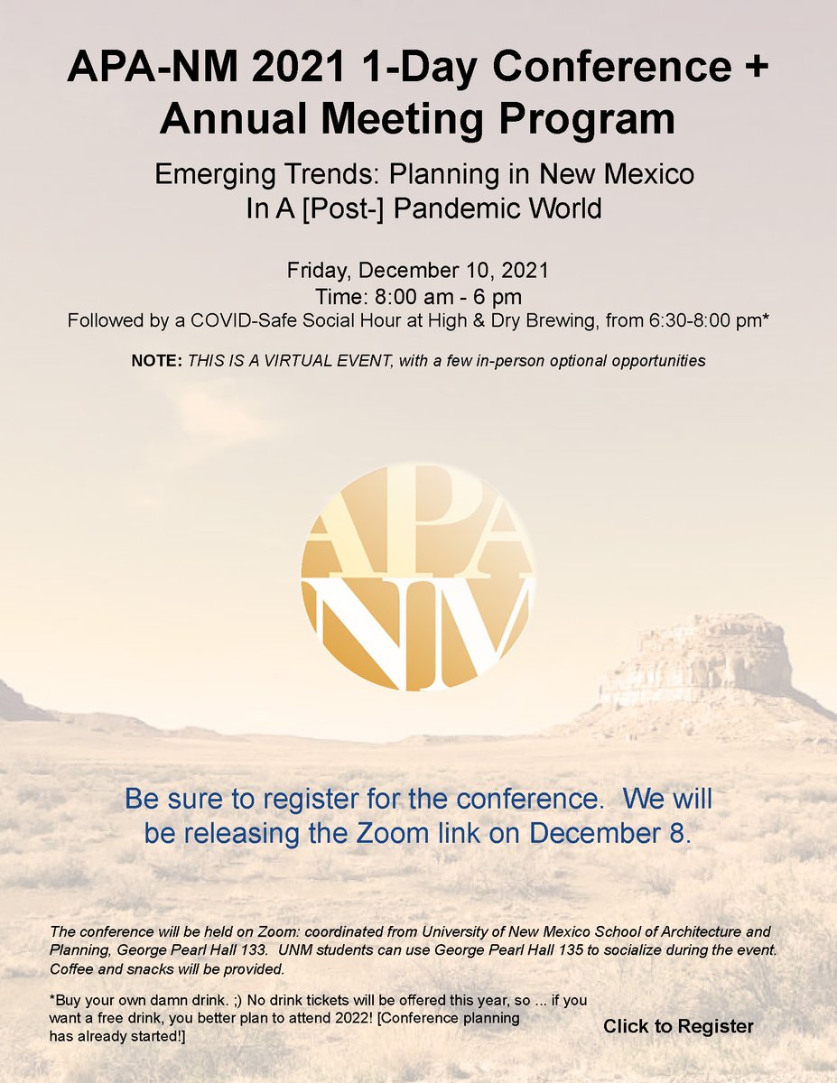 jonimpalmer's tweet photo. APA-NM's 1-day conference is 1 week away!  Check-out the program.  Hope to see you there [primarily a  virtual conference but there are in-person options]. @apa_nm @APA_Planning @UNMCRP @unmcwe @UNM_GES https://t.co/TWZAOTKLkO