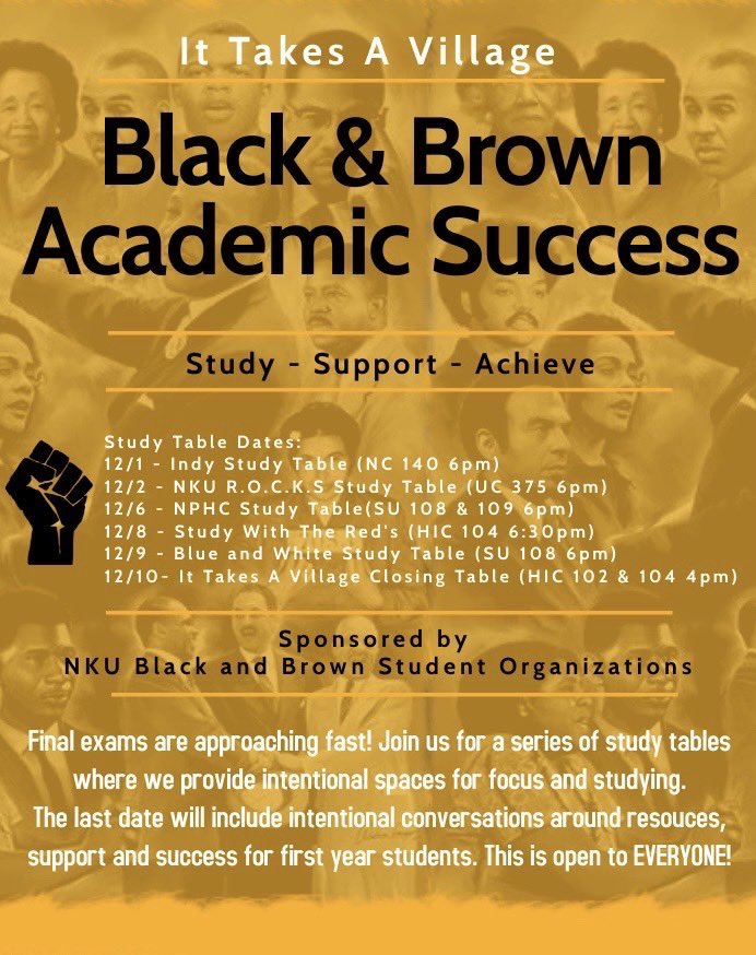 nkupickstem's tweet photo. Come to Black and Brown Academic Success! There will be a series of study tables next week (dates listed on the flyer), which will be an amazing opportunity to prepare for finals and meet people from black and brown organizations!!🖤💛🖤 https://t.co/edESjobJgR