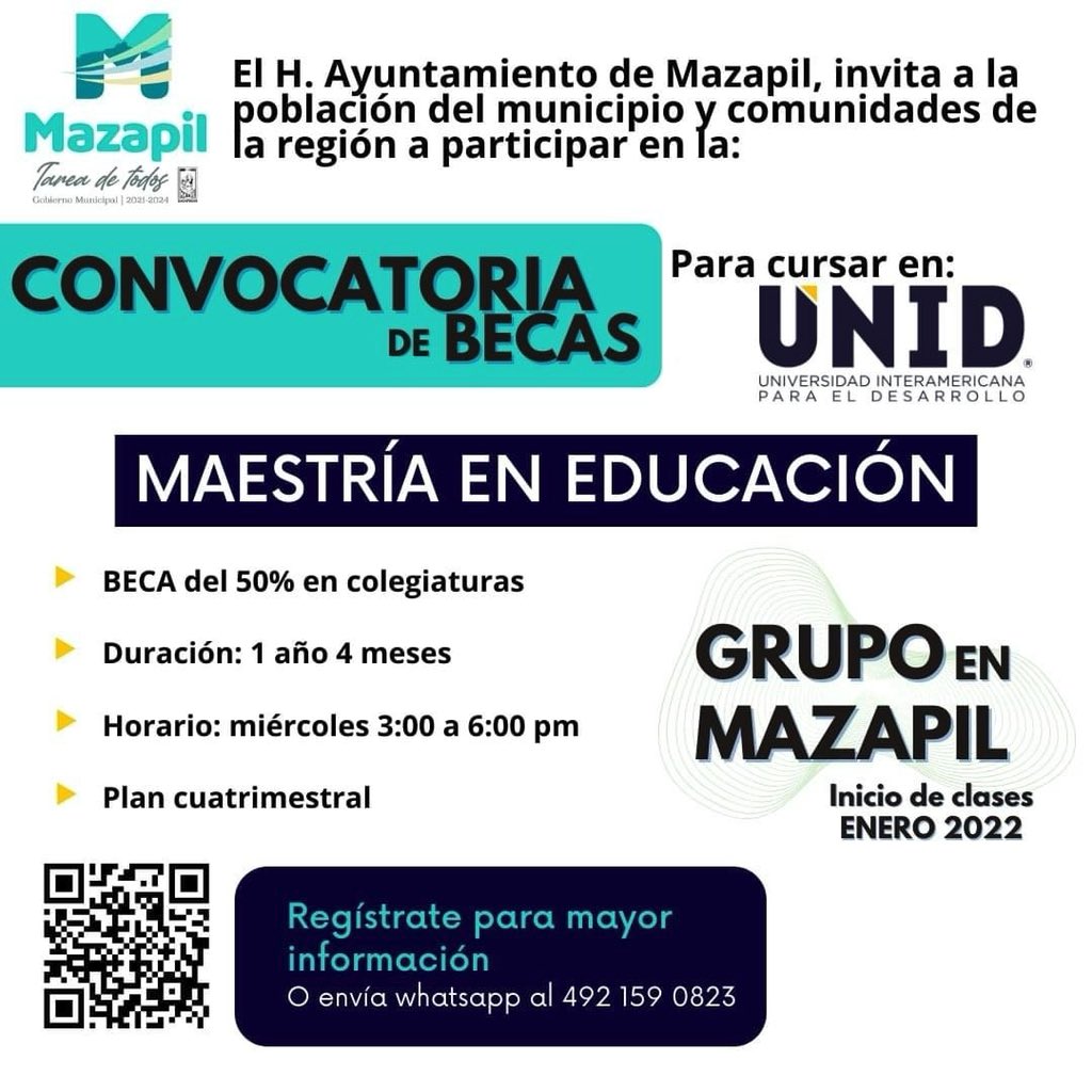 MarioMaciaszu's tweet photo. Te invitamos a registrarte si estás interesado en obtener un 50% de beca para cursar Maestría en Educación, en el grupo a conformarse en Mazapil. https://t.co/ZGfYVU570n https://t.co/DYUSWKbFNf