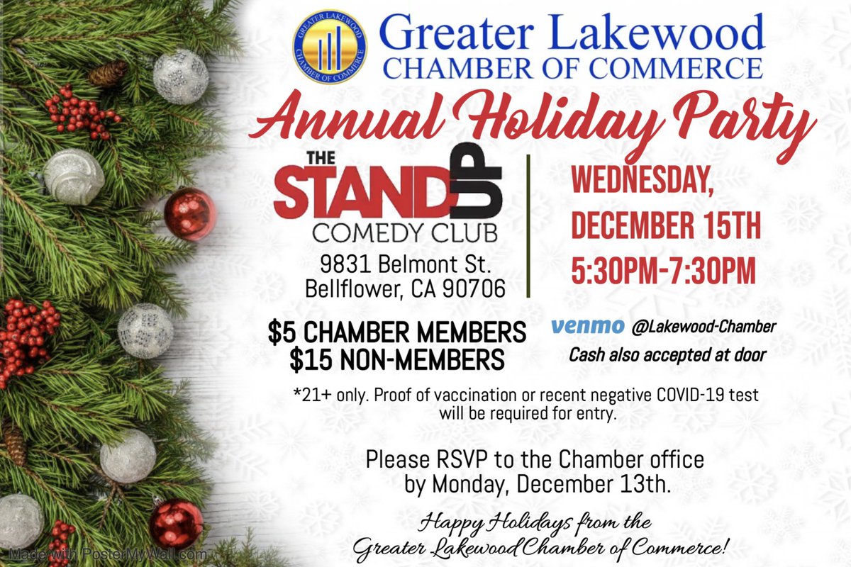 Save The Date! Join us for our Annual Holiday Party at The Stand Up Comedy Club in Bellflower on December 15th from 5:30-7:30pm. Please RSVP to events@lakewoodchamber.com by December 13th.