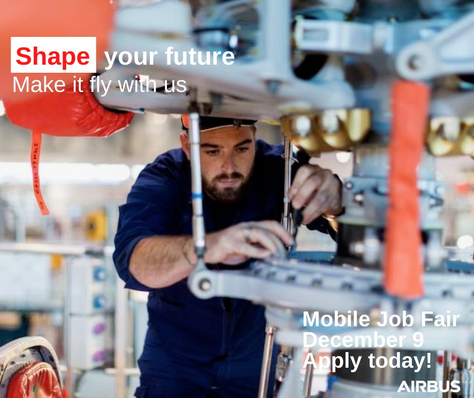AirbusCareers's tweet photo. At Airbus, the sky's the limit! Join on job fair on Dec 9in Mobile, AL and learn about all the ways we #MakeItFly. Apply by Dec 6 to be considered for a confirmed onsite interview!

https://t.co/nZGl3tYwOr

#airbuscareers #Aviation #JobFair #Hiring #aerospacejobs https://t.co/duLsVJoQda