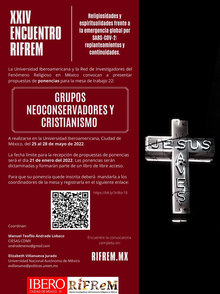 ReligionSEMIR's tweet photo. ¡Envía propuesta de ponencia para la #RIFREM!
Compartimos la Mesa 22, "Grupos neconservadores y cristianismo", coordinada por Manuel Andrade (CIESAS-CDMX) Y Elizabeth Villanueva (UNAM), de este Seminario.
Las ponencias se dictaminarán para un libro de libre acceso 😉 https://t.co/x5tUC7eqB7