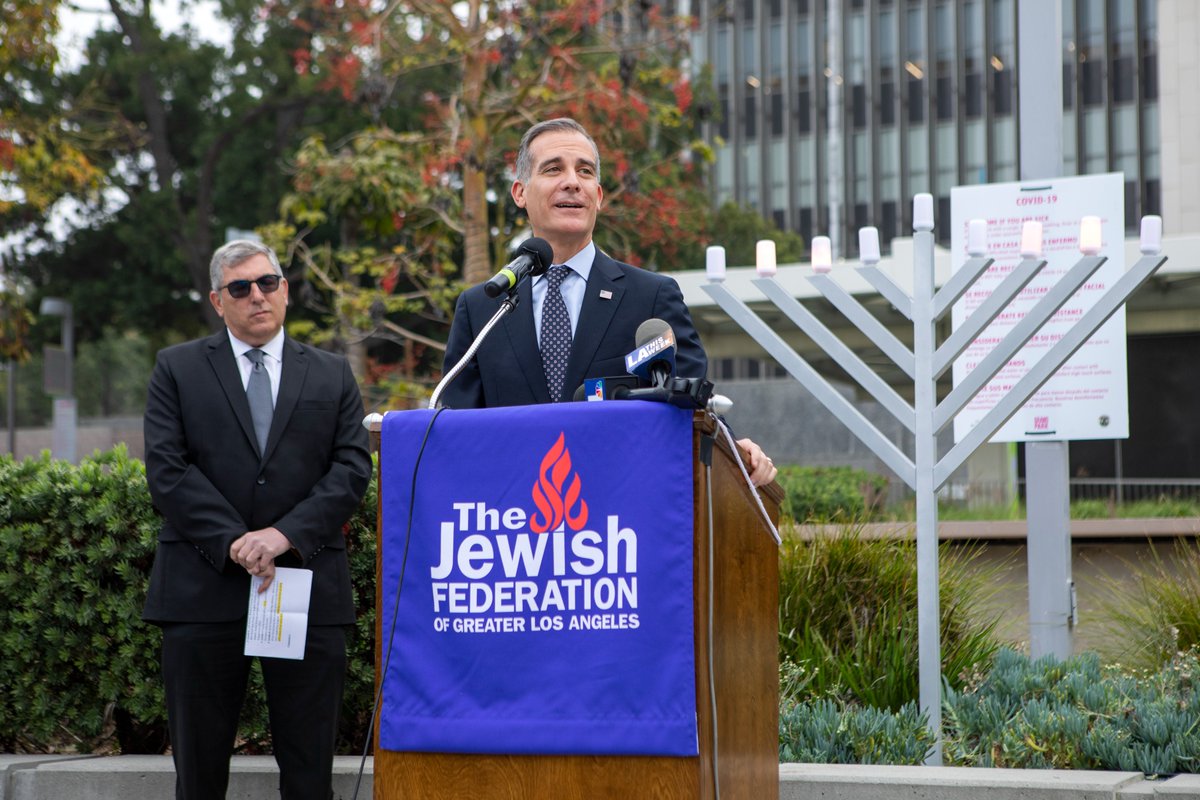 MayorOfLA's tweet photo. Proud to join @JFedLA, Supervisor @KathrynBarger, councilmembers &amp; faith leaders to light the menorah for Hanukkah &amp; stand up against antisemitism &amp; all forms of hate.

L.A. will always be a city of belonging. If you see hate, report it to @MyLA311.

#ShineALight 

#LAForALL https://t.co/eDwQg8GCRY