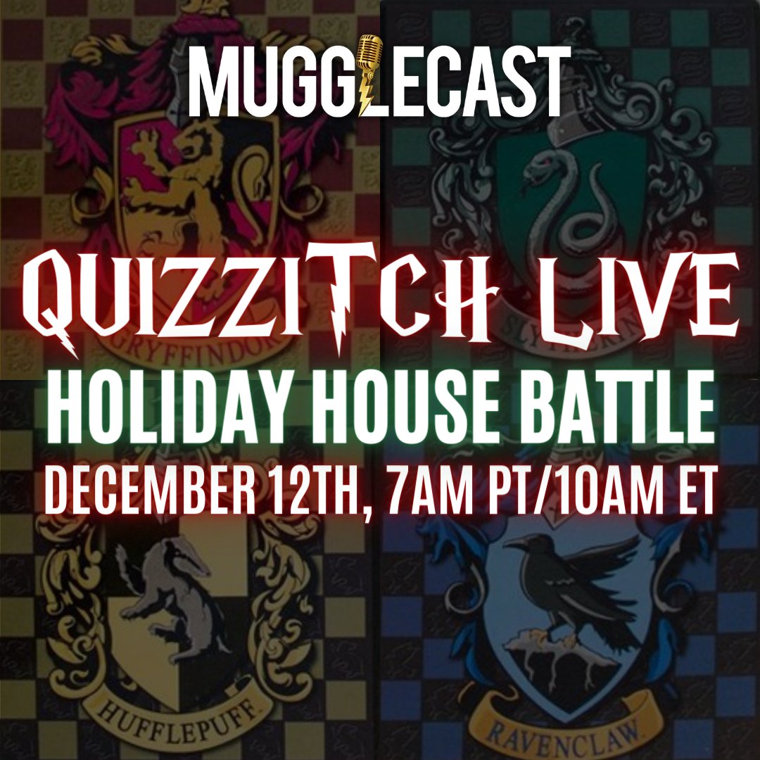 MuggleCast's tweet photo. Attention wizards, witches, and muggles! โก๏ธ MuggleCast is back with another Quizzitch Live! We'll be testing your knowledge about each of the four Hogwarts Houses! We'll see you at our live Harry Potter trivia game on 12/12 @ 7am PT/10am ET! ๐ฆ๐๐ฆ
๐ฆก https://t.co/wd0zM4nvNx