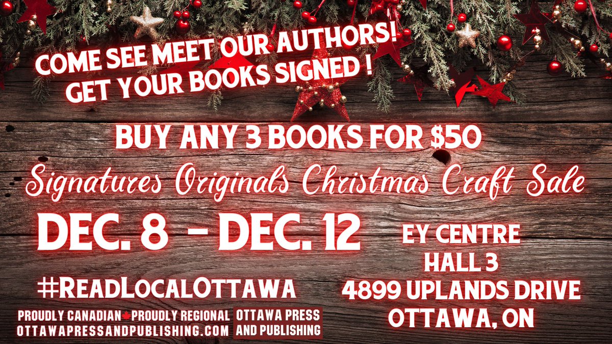 ReadLocalOttawa's tweet photo. Our first LIVE EVENT and AUTHOR BOOK SIGNING! Is just around the corner. Yup! We'll be at the SIGNATURES ORIGINALS CRAFT SALE at the EY Centre. Dec. 8-12. Be sure to drop by! You can get your tickets early online: https://t.co/Yv9l4Rvlkh
#Christmas2021 #ReadLocalOttawa #Ottawa https://t.co/Ps4Ok7o7tp